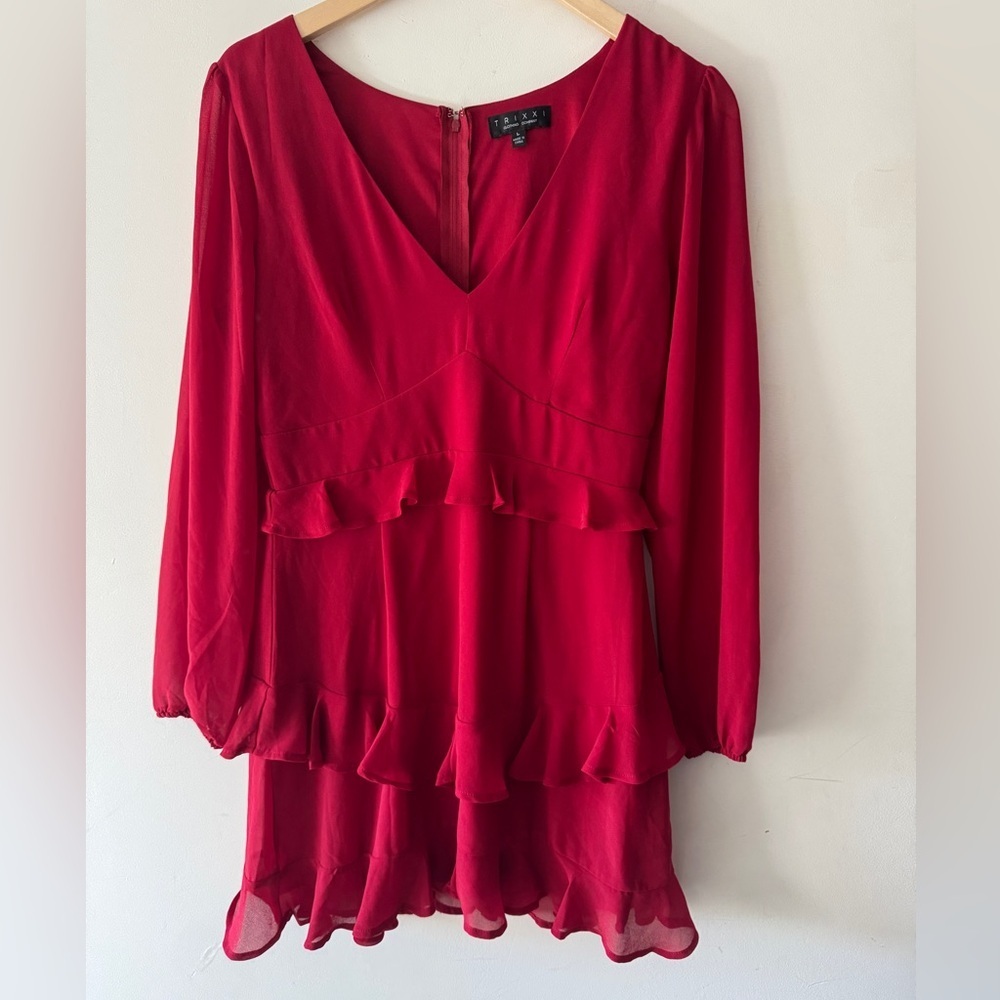 Francesca’s Trixxi Red Long Sleeve Layered Ruffle V Neck Dress